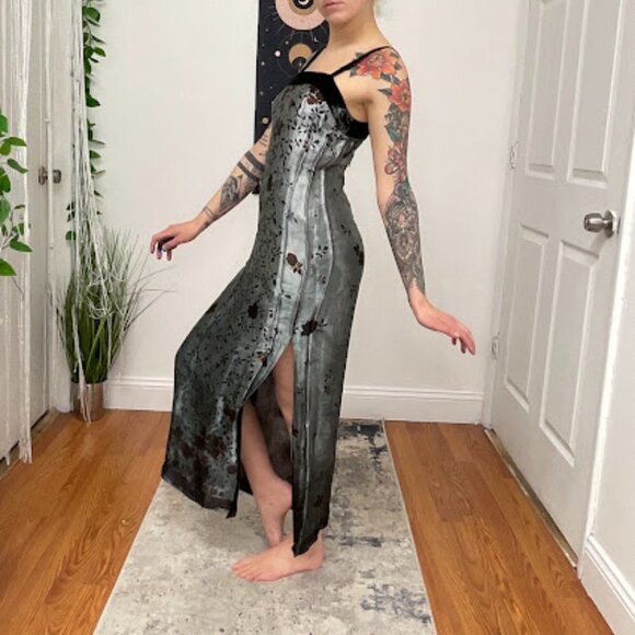 Y2K Andrea Rosati Sleeveless Floral Maxi Dress Square Neck Size 6 Gray/Black - Picture 9 of 14